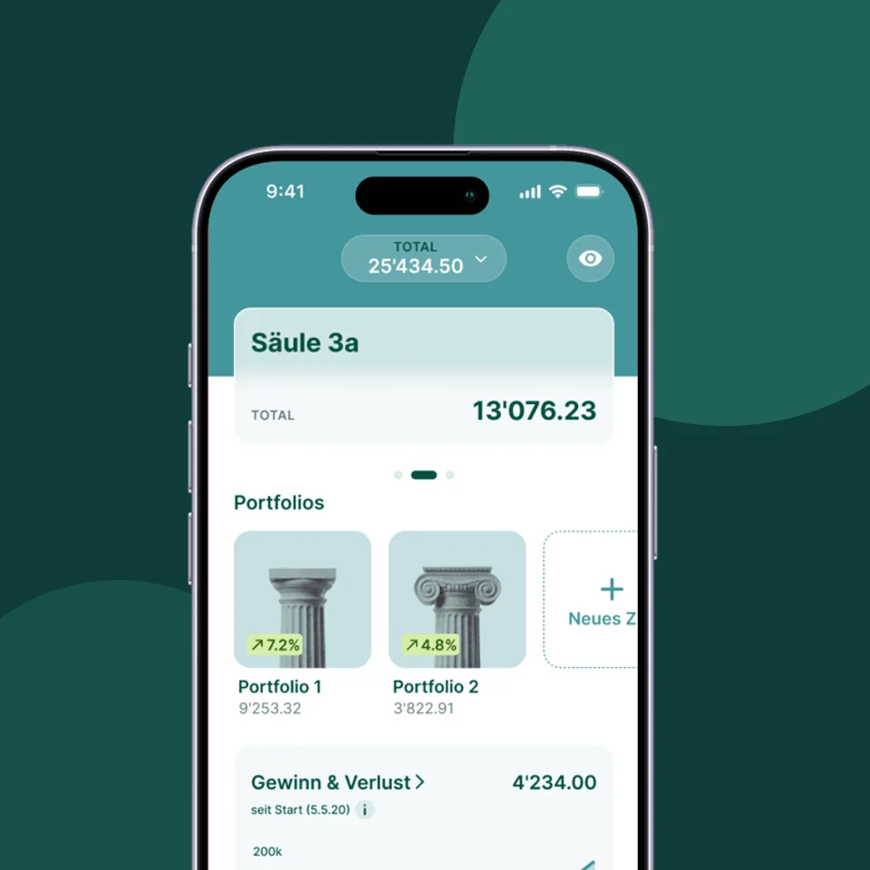 findependent app showing a pillar 3a balance split across two portfolios