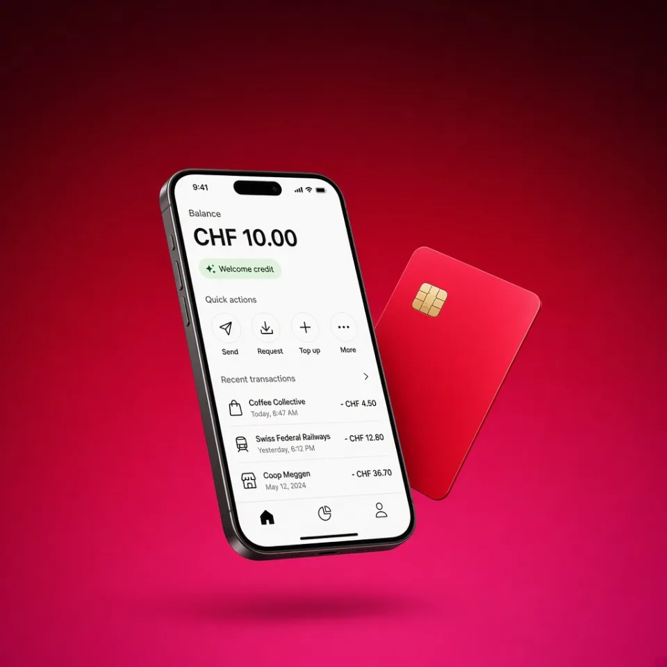 Application neon affichant un crédit de bienvenue de CHF 10, à côté d'une carte neon rouge