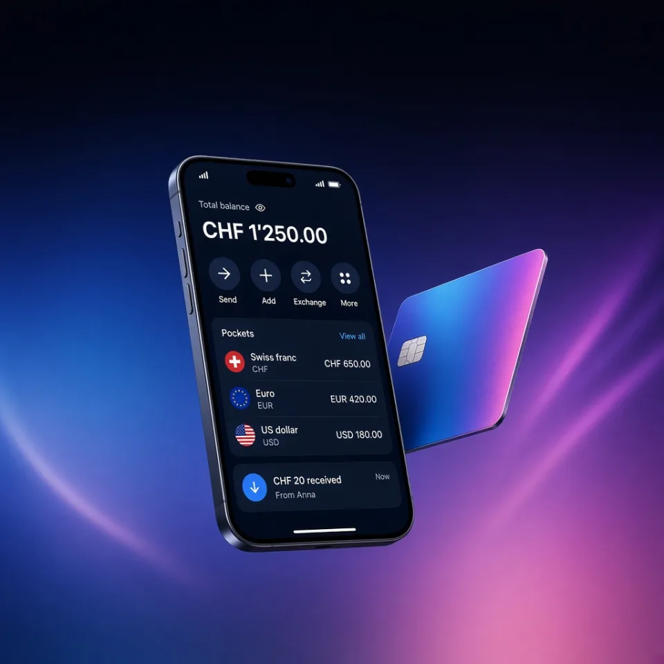App Revolut con un accredito di CHF 20, accanto a una carta Revolut